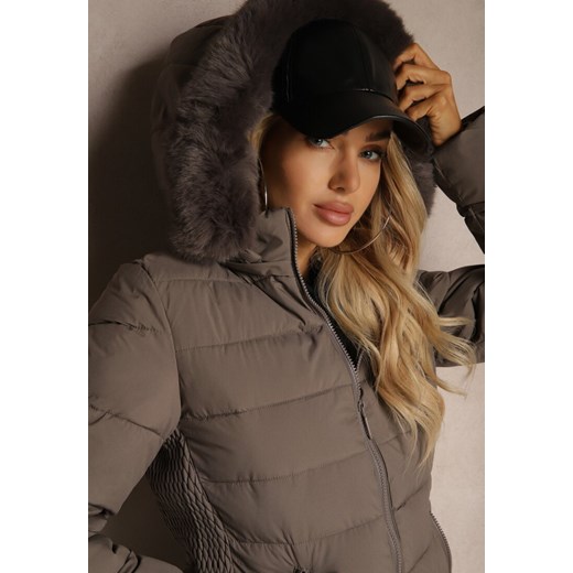 Ciemnoszara Taliowana Kurtka z Pikowanymi Przeszyciami z Kapturem z Futerkiem Renee S renee.pl