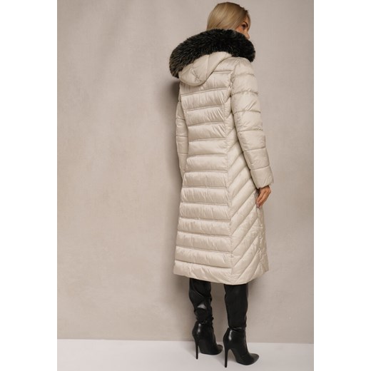 Beżowa Długa Kurtka Zimowa z Pikowanymi Przeszyciami i Odpinanym Kapturem z Renee XL promocja renee.pl