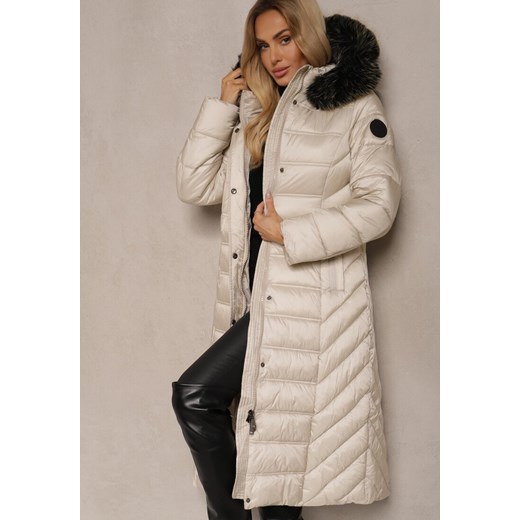Beżowa Długa Kurtka Zimowa z Pikowanymi Przeszyciami i Odpinanym Kapturem z Renee 2XL renee.pl wyprzedaż