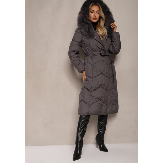 Ciemnoszara Długa Kurtka o Pikowanym Kroju z Kapturem i Odpinanym Futerkiem Renee L renee.pl