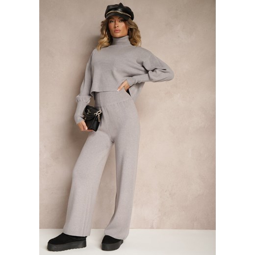 Szary Komplet Dzianinowy z Wiskozą Spodnie o Szerokim Kroju Góra z Golfem Norathira ze sklepu renee.pl w kategorii Komplety i garnitury damskie - zdjęcie 185953646