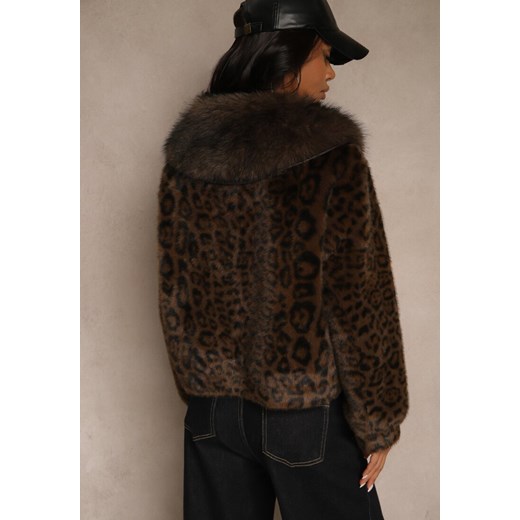 Brązowa Krótka Kurtka Futerko w Panterkę z Oryginalnym Zapięciem Otizana Renee M renee.pl