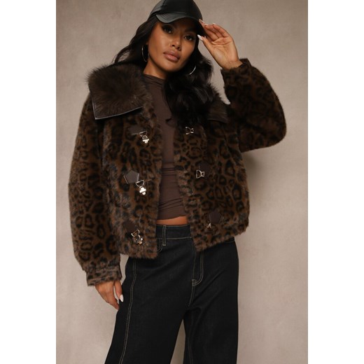Brązowa Krótka Kurtka Futerko w Panterkę z Oryginalnym Zapięciem Otizana Renee S renee.pl