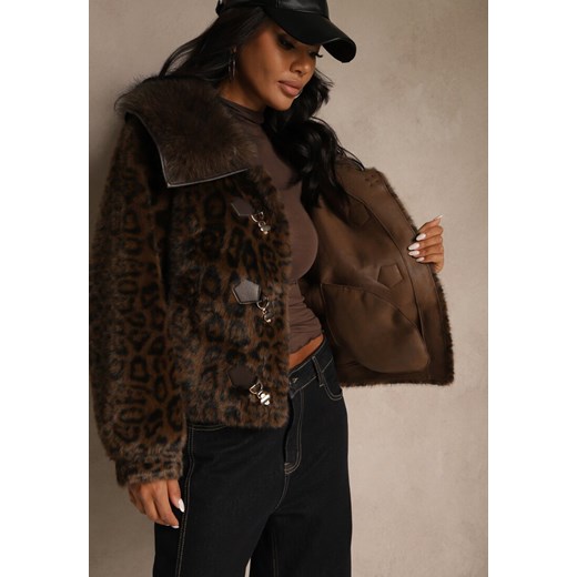 Brązowa Krótka Kurtka Futerko w Panterkę z Oryginalnym Zapięciem Otizana Renee M renee.pl