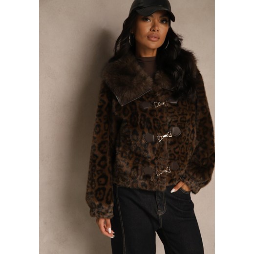 Brązowa Krótka Kurtka Futerko w Panterkę z Oryginalnym Zapięciem Otizana Renee M renee.pl
