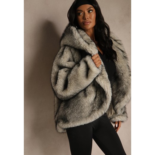 Szara Oversizowa Kurtka Futerko z Kapturem Venelle ze sklepu renee.pl w kategorii Kurtki damskie - zdjęcie 185954119