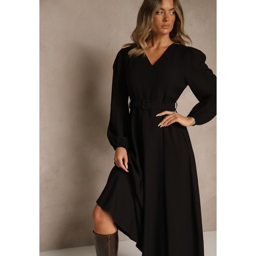 Czarna Rozkloszowana Sukienka z Wiskozy z Paskiem ze Sprzączką Orille ze sklepu renee.pl w kategorii Sukienki - zdjęcie 185954276