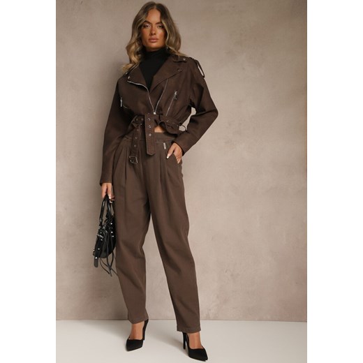 Brązowe Spodnie High Waist z Bawełny o Szerokim Kroju Nalitia ze sklepu renee.pl w kategorii Spodnie damskie - zdjęcie 185954769