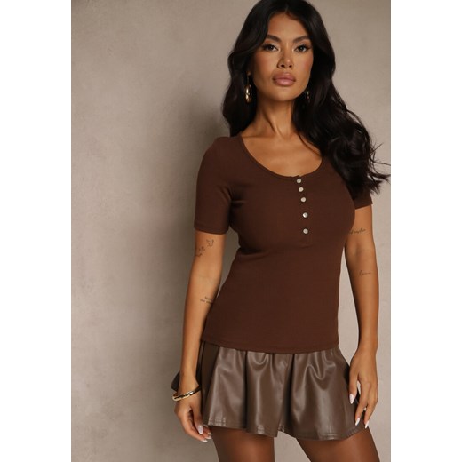 Brązowy Bawełniany T-shirt Prążkowany z Guzikami Florvivi Renee S renee.pl