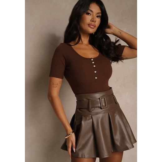 Brązowy Bawełniany T-shirt Prążkowany z Guzikami Florvivi Renee M renee.pl