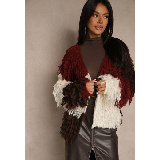 Bordowy Kardigan Bez Zapięć z Domieszką Wełny Zdobiony Imitacją Piór Lanitia ze sklepu renee.pl w kategorii Swetry damskie - zdjęcie 185955047