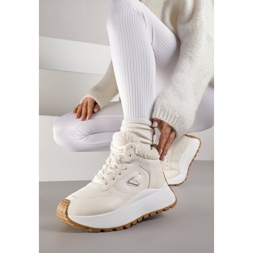 Beżowe Sneakersy Śniegowce Vices na Platformie Ozdobione Trójkątną Aplikacją Ficebia ze sklepu renee.pl w kategorii Buty sportowe damskie - zdjęcie 185955147