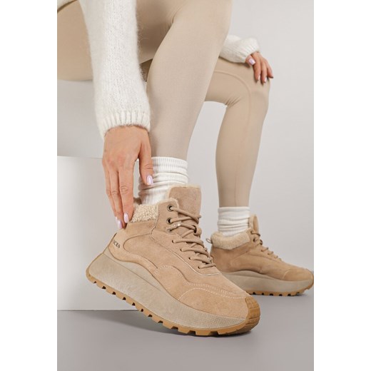 Jasnobrązowe Sneakersy Śniegowce  Vices na Platformie Ozdobione Napisem i Futerkiem Lanite ze sklepu renee.pl w kategorii Buty sportowe damskie - zdjęcie 185955168