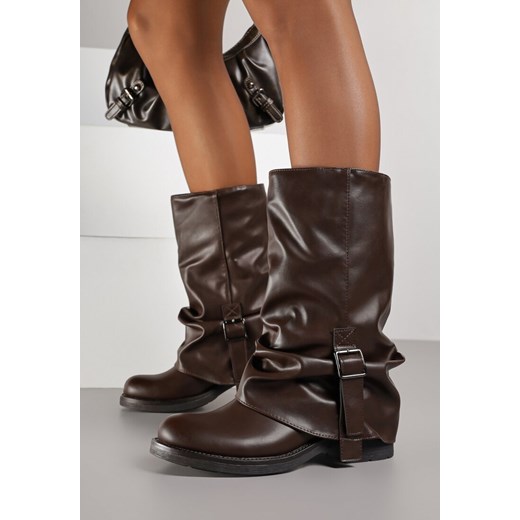 Brązowe Botki Bikery z Wywiniętą Cholewką z Marszczeniem i Klamrą Fenilea Renee 41 renee.pl