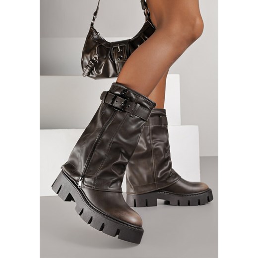 Brązowe Botki Biker Boots z Cholewką Imitującą Nogawkę z Klamerką Veresta ze sklepu renee.pl w kategorii Botki - zdjęcie 185955668