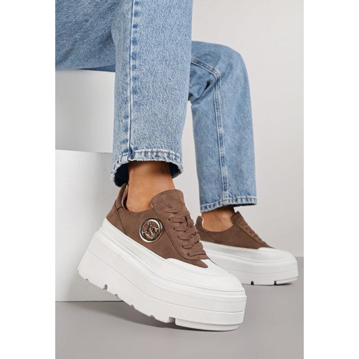 Brązowo-Białe Chunky Sneakersy Vices na Platformie z Okrągłym Detalem Sedvira ze sklepu renee.pl w kategorii Buty sportowe damskie - zdjęcie 185955675