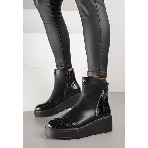 Czarne Botki Vices z Imitacji Skóry na Platformie Ozdobione Tłoczeniem Faleressa Renee 36 renee.pl
