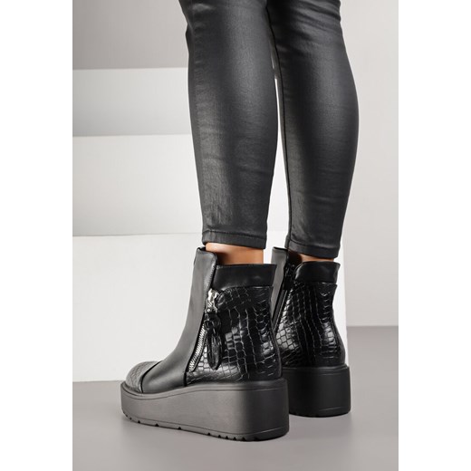 Czarne Botki Vices z Imitacji Skóry na Platformie Ozdobione Tłoczeniem Faleressa Renee 40 renee.pl