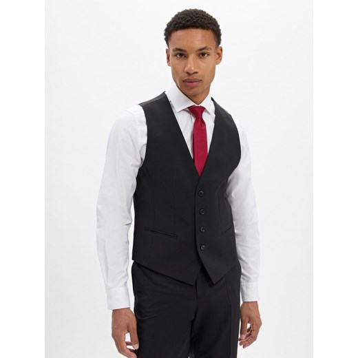 BOSS Męska kamizelka garniturowa z czystej nowej wełny - Jasper Mężczyźni Regular Fit wełna ze strzyży czarny jednolity ze sklepu vangraaf w kategorii Kamizelki męskie - zdjęcie 185957336