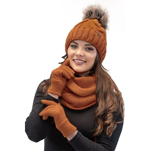 Komplet czapka+komin+rękawiczki Vivisence 7014 Kmpl+R pomarańczowy ze sklepu kontri.pl w kategorii Czapki zimowe damskie - zdjęcie 185960317