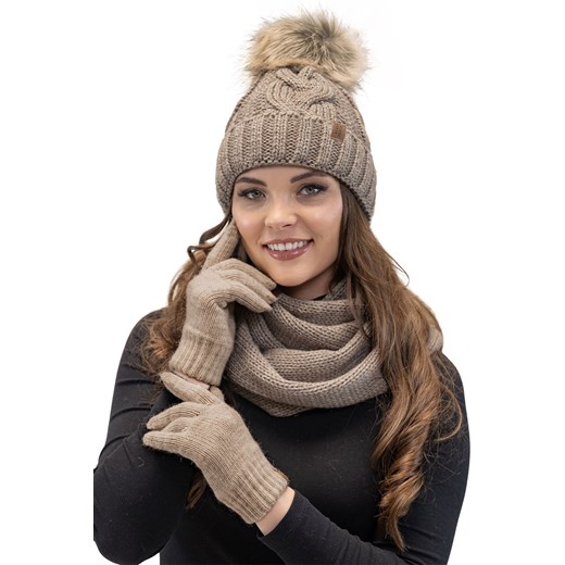 Komplet czapka+komin+rękawiczki Vivisence 7014 Kmpl+R beżowy ze sklepu kontri.pl w kategorii Czapki zimowe damskie - zdjęcie 185960638