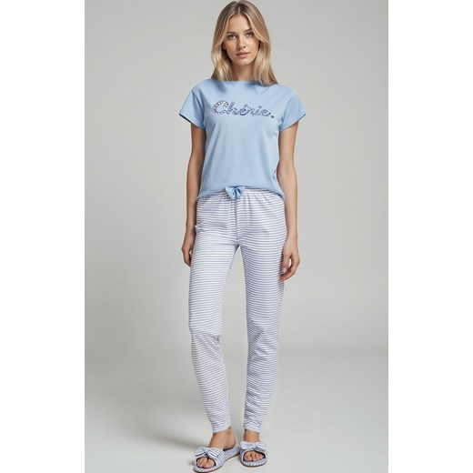 Długa piżama damska z ażurowym haftem w paski niebieska JULIANA, Kolor niebieski, Rozmiar L, Sorbetto ze sklepu Primodo w kategorii Piżamy damskie - zdjęcie 185961699