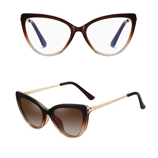 Damskie kocie okulary do komputera z nakładką przeciwsłoneczną Clip-on 2593-6 ze sklepu Stylion w kategorii Okulary przeciwsłoneczne damskie - zdjęcie 185962306