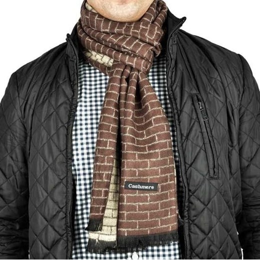 Ciepły Cashmere szalik męski geometryczny SZA-33 ciemno brązowy- jasno brązowy ze sklepu Stylion w kategorii Szaliki męskie - zdjęcie 185964188