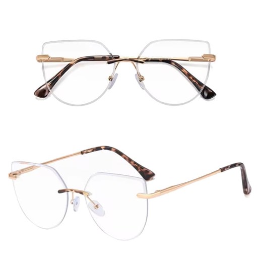 Damskie bezramkowe kocie okulary zerówki do komputera BLUE LIGHT z flexami 25112C złoty/panterka ze sklepu Stylion w kategorii Okulary zerówki damskie - zdjęcie 185965095