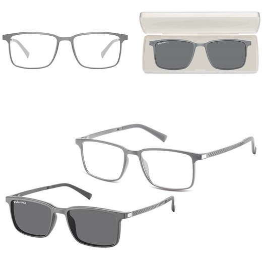 Prostokątne okulary pod korekcję z polaryzacyjną Nakładką przeciwsłoneczną na magnes CLIP-TRC-191C-1 ze sklepu Stylion w kategorii Okulary korekcyjne damskie - zdjęcie 185965179