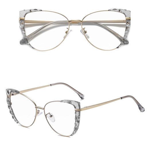 Damskie kocie okulary zerówki do komputera BLUE LIGHT z flexami 25136B szary/złoty ze sklepu Stylion w kategorii Okulary zerówki damskie - zdjęcie 185965235