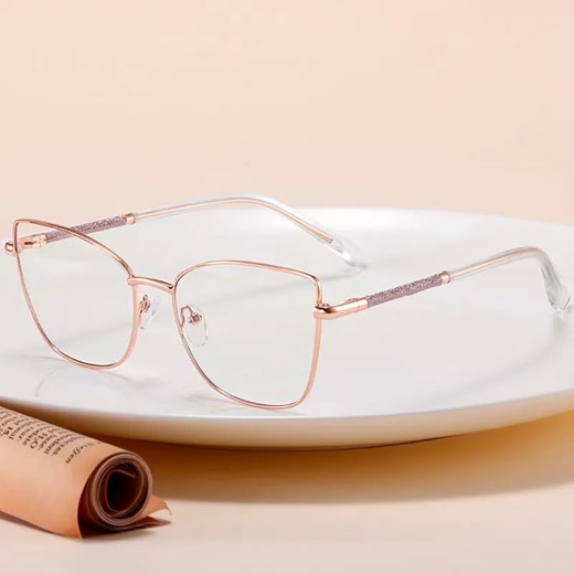 Damskie okulary Kocie Oczy zerówki do komputera BLUE LIGHT na teleskopach 25156A Różowe Złoto ze sklepu Stylion w kategorii Okulary zerówki damskie - zdjęcie 185965475