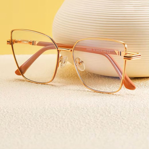 Damskie okulary Kocie Oczy zerówki do komputera BLUE LIGHT z fleksami 25145C Złoty/Beż ze sklepu Stylion w kategorii Okulary zerówki damskie - zdjęcie 185965498