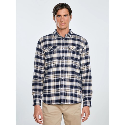 Koszula męska flanelowa w kratę beżowo-granatowa Kolisero 801 ze sklepu Big Star w kategorii Koszule męskie - zdjęcie 185967776