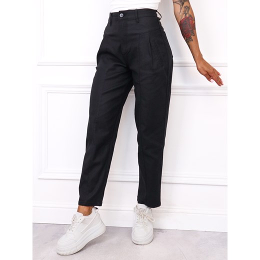 SPODNIE WOSKOWANE MOM FIT Z OZDOBNYMI PRZESZYCIAMI-CZARNE ze sklepu olika.com.pl w kategorii Spodnie damskie - zdjęcie 185968277
