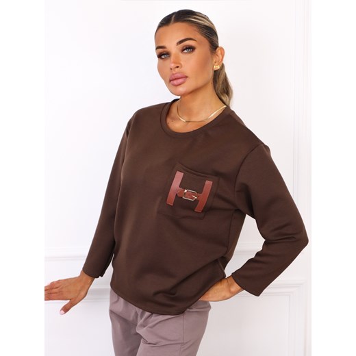 BLUZKA Z MASEŁKOWEGO MATERIAŁU Z KIESZENIĄ- CIEMNOBRĄZOWA ze sklepu olika.com.pl w kategorii Bluzy damskie - zdjęcie 185968345