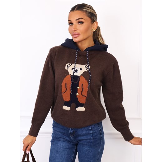 SWETER Z MISIEM Z PRZODU I KAPTUREM- CZEKOLADOWY ze sklepu olika.com.pl w kategorii Swetry damskie - zdjęcie 185968449