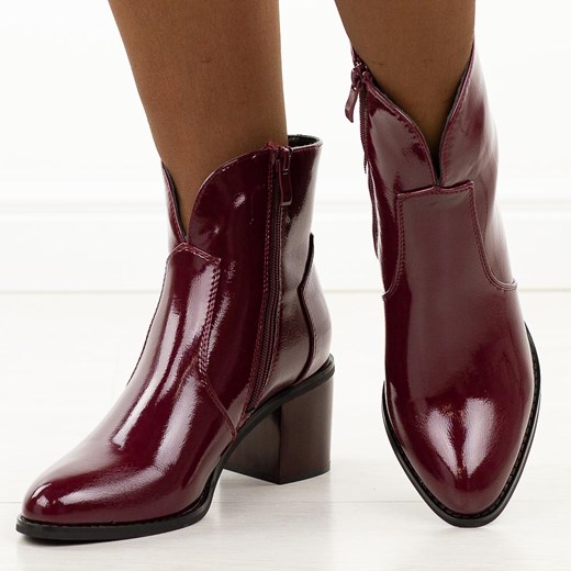 Bordowe lakierowane botki damskie na obcasie M.Daszyński 2337-13 38 suzana.pl