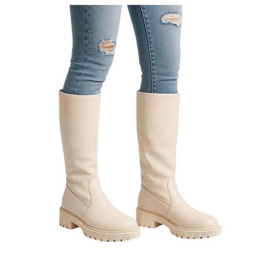 Beżowe kozaki damskie z suwakiem /D8-3 18134 T397/ ze sklepu Pantofelek24.pl w kategorii Kozaki damskie - zdjęcie 185987006