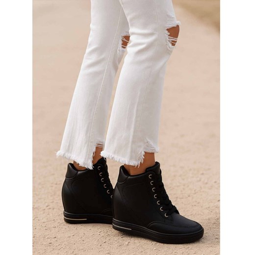 Czarne klasyczne sneakersy damskie na koturnie /F8-3 12818 T492/ ze sklepu Pantofelek24.pl w kategorii Botki - zdjęcie 185987047