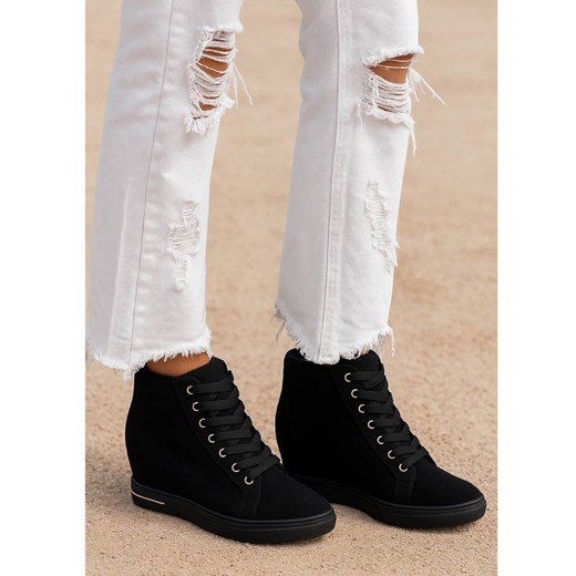 Czarne sneakersy damskie na koturnie /F4-2 18133 T397/ ze sklepu Pantofelek24.pl w kategorii Botki - zdjęcie 185987206