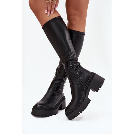 Damskie Kozaki Eko Skórzane Wsuwane Masywny Obcas Platforma Czarne Florinne ze sklepu ZAZOO w kategorii Kozaki damskie - zdjęcie 185992569