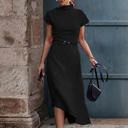 Asymetryczna elegancka sukienka midi z krótkim rękawem - Biały M ze sklepu Intimica.pl w kategorii Sukienki - zdjęcie 185994615