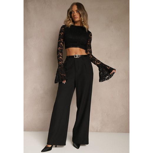 Czarne Szerokie Spodnie Garniturowe Ozdobione Paskiem Cirrive ze sklepu renee.pl w kategorii Spodnie damskie - zdjęcie 185997275