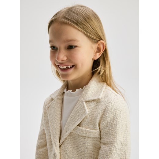 Reserved - Krótka tweedowa marynarka - kremowy Reserved 122 (6-7 lat) okazja Reserved