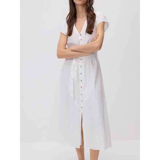Reserved - Bawełniana sukienka midi z paskiem - biały ze sklepu Reserved w kategorii Sukienki - zdjęcie 186001609