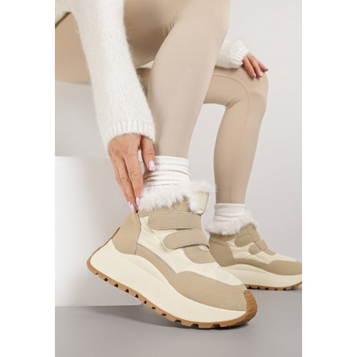 Beżowe Śniegowce Vices na Grubej Podeszwie z Zapięciem na Rzep i Futrem 40 born2be.pl