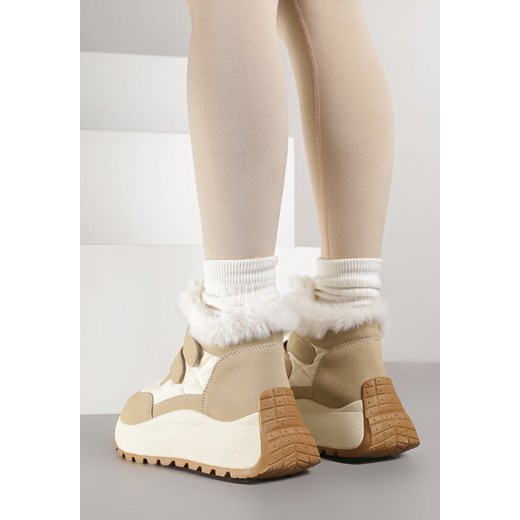 Beżowe Śniegowce Vices na Grubej Podeszwie z Zapięciem na Rzep i Futrem 38 born2be.pl