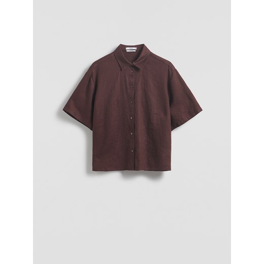Reserved - Lniana koszula z krótkimi rękawami - ciemnobrązowy ze sklepu Reserved w kategorii Koszule damskie - zdjęcie 186012949
