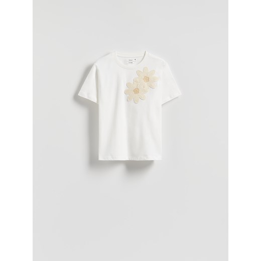 Reserved - T-shirt z szydełkowaną aplikacją - złamana biel ze sklepu Reserved w kategorii Bluzki damskie - zdjęcie 186013106